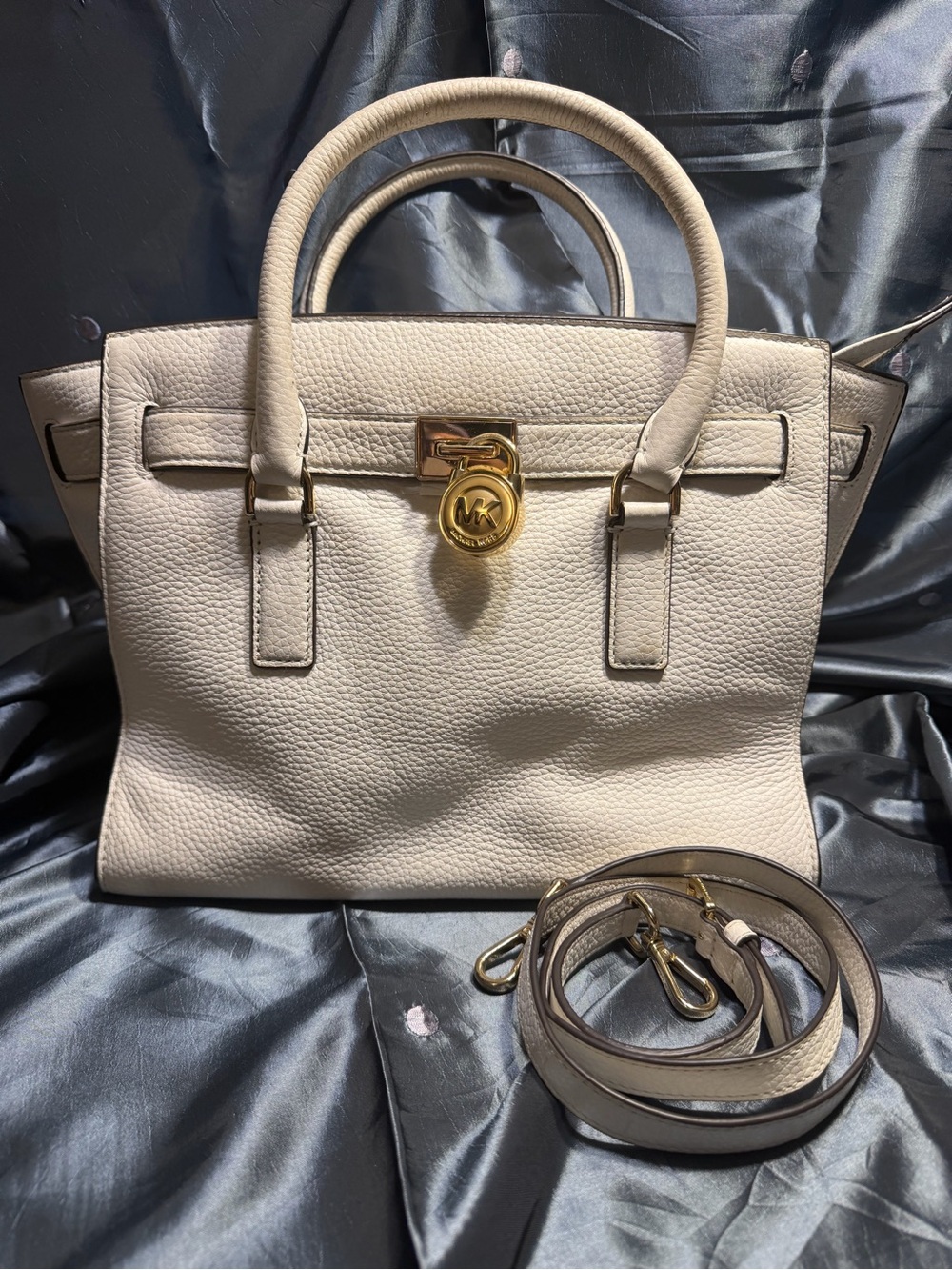 Michael Kors Cream Pebbled Leather Satchel with Gold Accent Lock